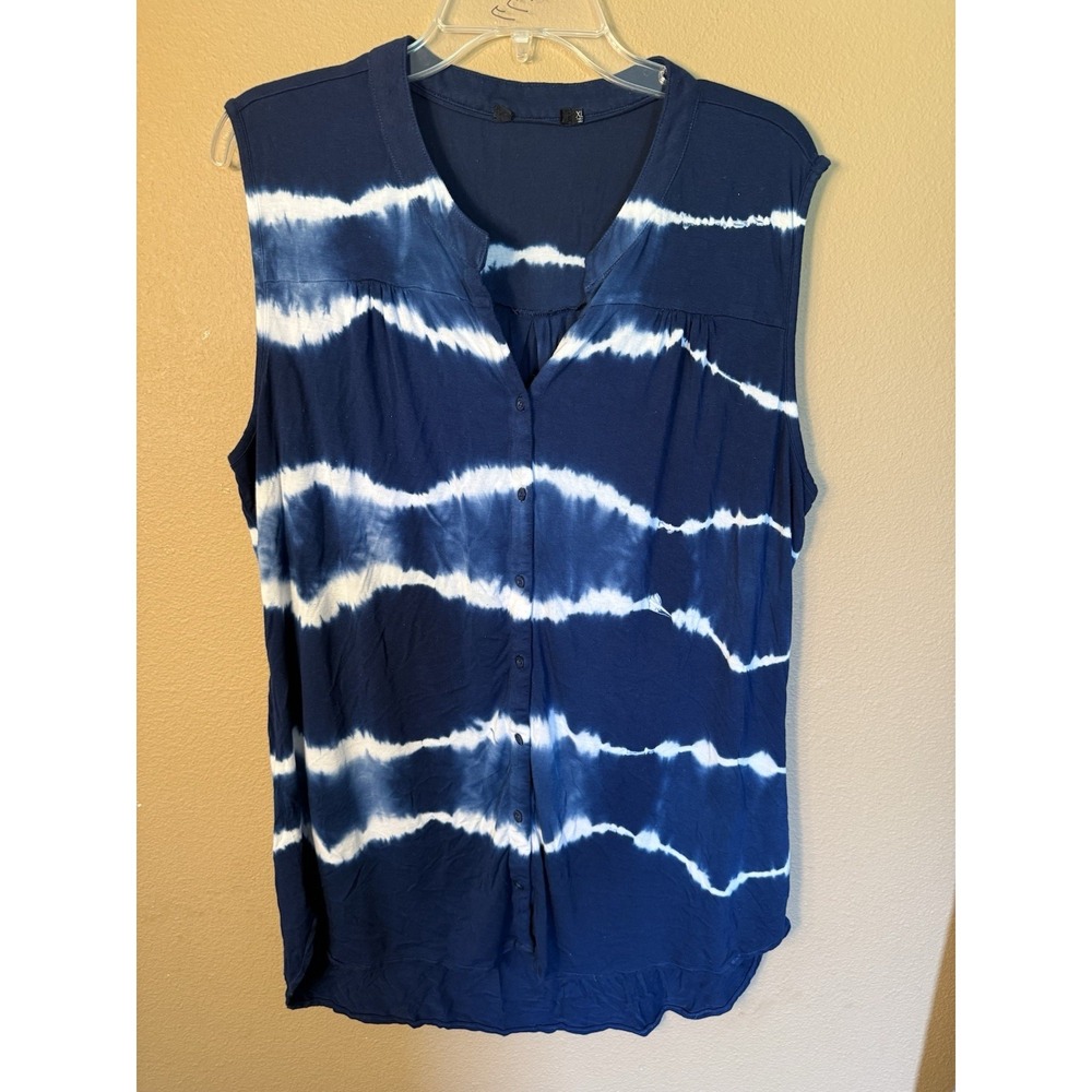 MAX JEANS women's XL Navy Blue White Tie Dye Sleeveless Button Front Blouse - Picture 1 of 7
